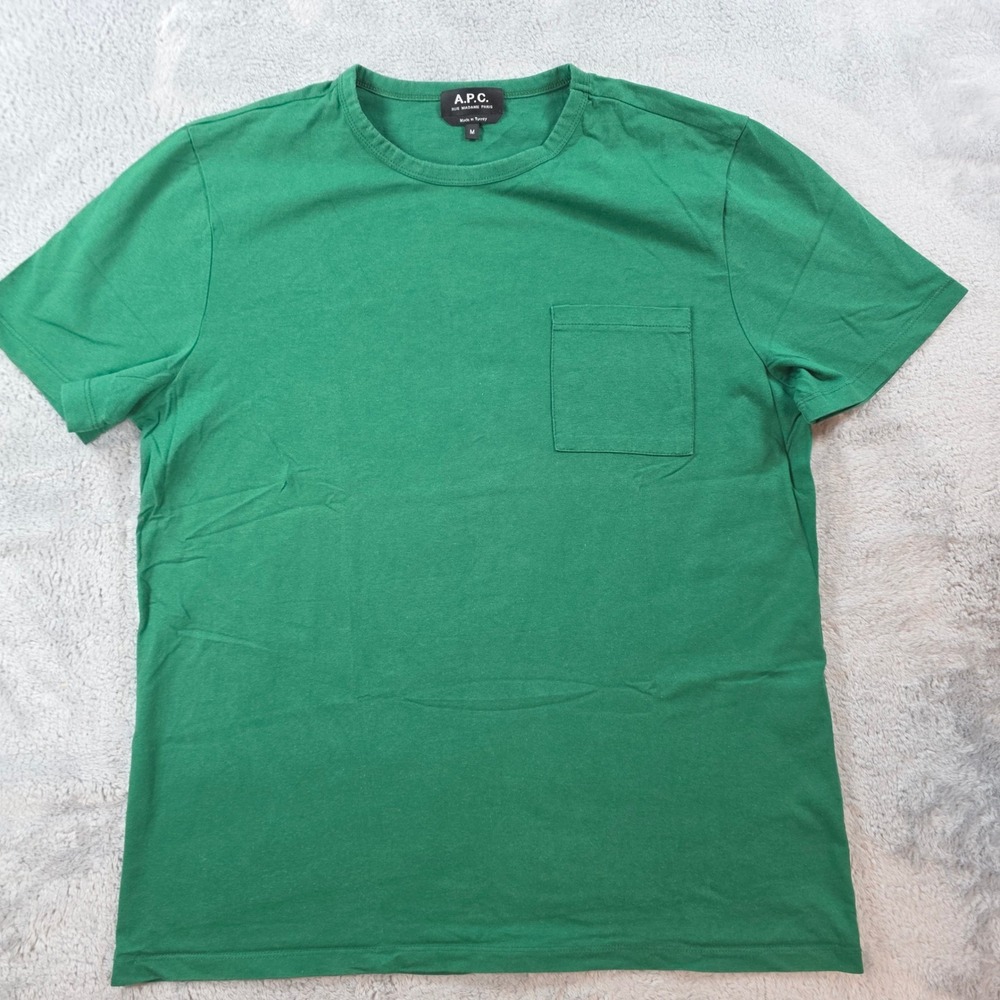 A.P.C. Rue Madame Paris Mens Medium Green T-Shirt Pocket Crew Neck Cotton